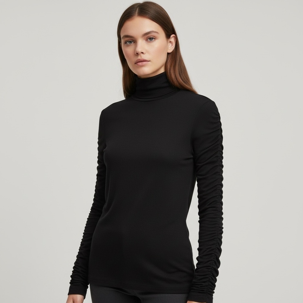 🌻By Anthropologie Black Ruched‑Sleeve Turtleneck Top Women’s size XS